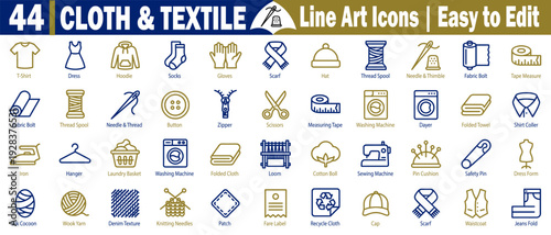 Cloth and textile line art icons. Showing of sewing and tailoring set features symbols of needles, threads, scissors, sewing machines, and fabric materials for designers vector illustration.