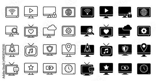 Collection of smart television and monitor screen icons featuring hybrid symbols for cloud computing security battery charging and media playback