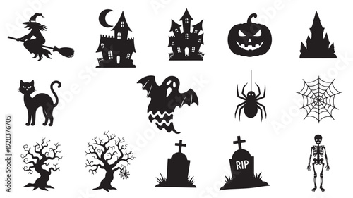 Halloween silhouette icon set with witch, haunted house, pumpkin, ghost, spider, web, cat, trees, graves and skeleton featuring spooky, scary, horror with broomstick and castle elements for moon,
