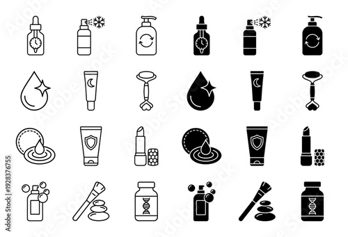 Skincare and cosmetic line icon set featuring hybrid symbols like cooling spray with snowflake and DNA infused serum bottle for advanced beauty routines
