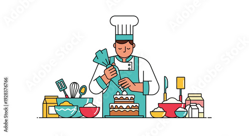 Chef decorating cake with icing in professional kitchen setting