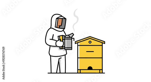 Beekeeper in protective suit inspecting beehive with smoker