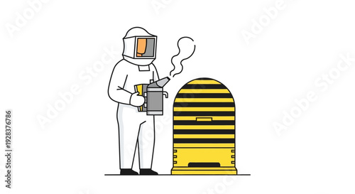 Beekeeper inspecting beehive with smoker in protective suit