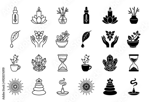 Collection of holistic wellness and spiritual icons featuring hybrid designs like lotus candles and crystal succulents in both outline and solid styles