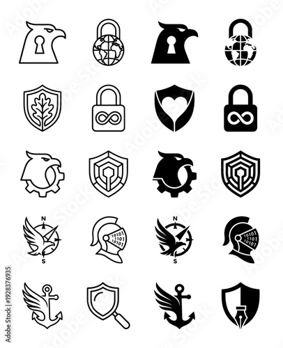 Collection of minimalist hybrid security icons featuring eagle silhouettes combined with keyholes gears and compasses in outline and solid styles
