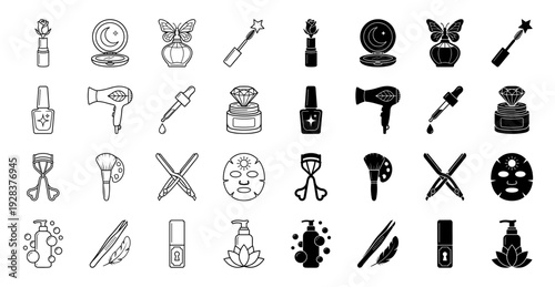 Hybrid beauty and cosmetic icons merging makeup products with organic symbols like flowers butterfly and moon in outline and solid styles