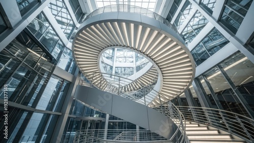 A modern office building with a large spiral staircase and glass walls