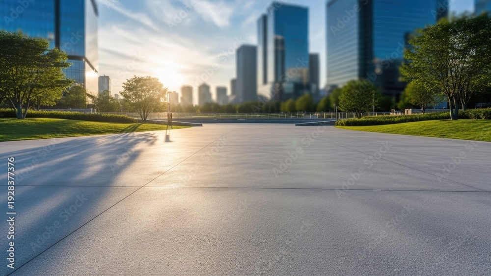 Obraz premium A serene cityscape at sunrise with a paved road and skyscrapers