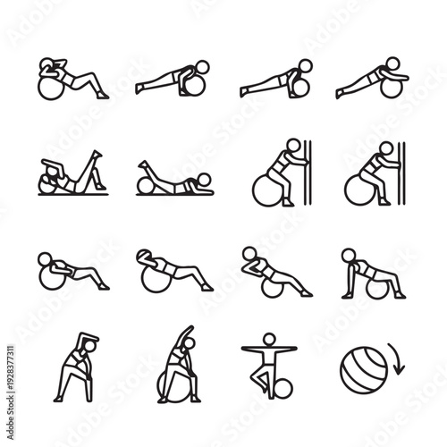 Fitness Ball Exercises Icons Set: Core Strength Balance and Flexibility Poses