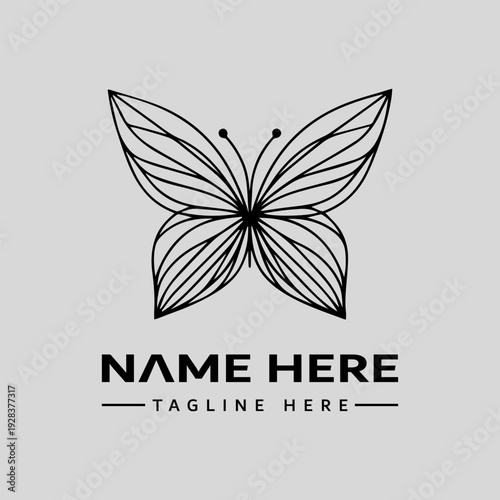 A minimalist butterfly logo with a leafy design and placeholder text on a light gray background, featuring a vector illustration style with a simple, iconic composition.