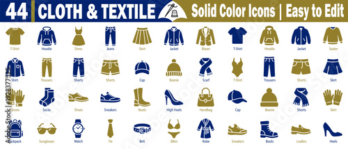 Cloth and textile solid color icons set. Featuring diverse apparel pieces, footwear, and accessories for fashion e-commerce websites and mobile application design vector illustration.