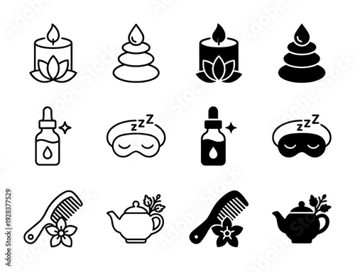 Minimalist self care and wellness icon set featuring hybrid designs like candle lotus merger and herbal teapot fusion in outline and solid styles