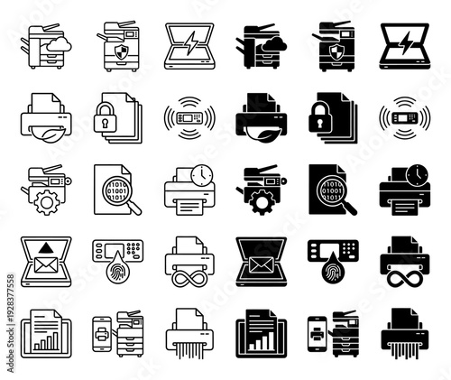 Hybrid printer and data security icon set featuring multifunction office hardware integrated with cloud computing shield lock and document shredding symbols
