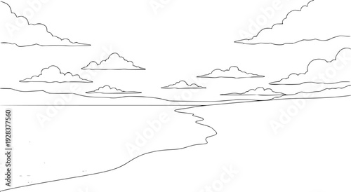 Minimalist line of a serene seascape with scattered clouds over calm water ocean
