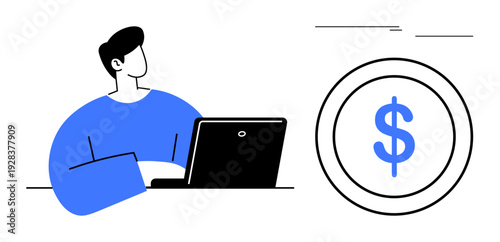 Person using a laptop, large dollar sign emphasizing financial gain. Ideal for finance, business, banking, investment, online earnings, entrepreneurship modern digital solutions. Simple flat