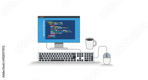 Modern computer setup with coding screen and coffee