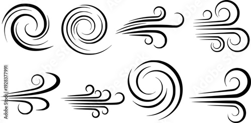 Collection of stylized black wind and swirl white background motion flow
