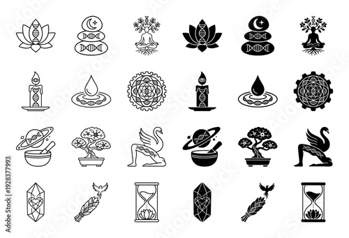 Collection of spiritual and scientific hybrid icons merging DNA double helix structures with lotus flowers Zen stones and mystical alchemy symbols