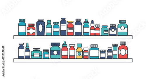 Assortment of various medicine bottles on shelves illustration for healthcare