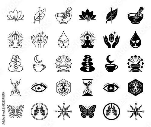 Collection of holistic wellness and alternative medicine icons featuring hybrid symbols like DNA mortar and pestle or herbal lung anatomy