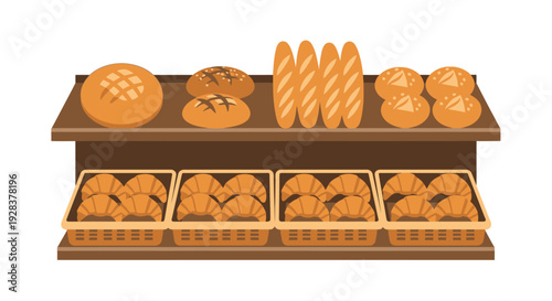 Bakery display with assorted breads and pastries on shelves illustration