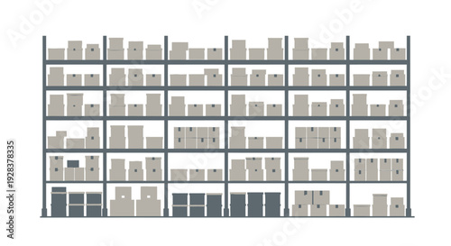 Warehouse storage shelves filled with cardboard boxes illustration