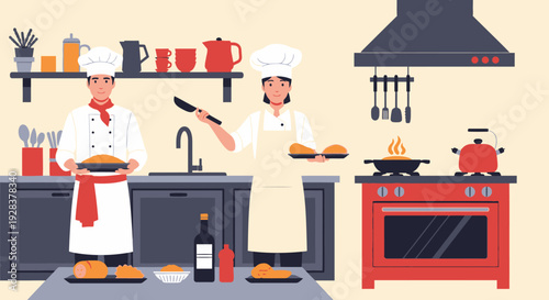 Chefs preparing food in a modern kitchen with cooking equipment and ingredients