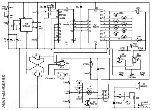 Schematic diagram of electronic device 
on paper sheet. Vector drawing electrical circuit with 
integrated circuit, logic element, transistor, 
led indicator, speaker,  capacitor, resistor, other.