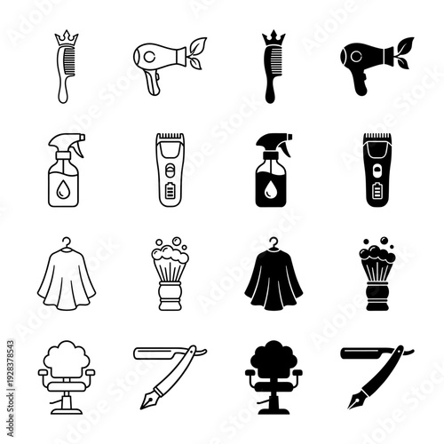 Professional barber shop and hair salon icons featuring hybrid designs merging grooming tools with natural leaves royal crowns and fountain pen nibs