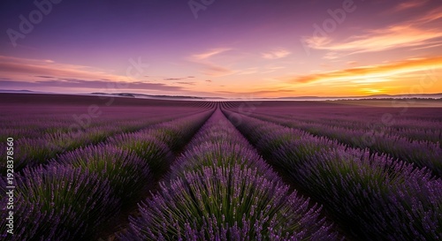 Vibrant lavender fields stretch towards a colorful sunset in provence