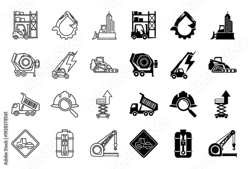 Construction equipment hybrid icon set featuring heavy machinery merged with industrial symbols like gear excavator bucket and crane tape measure