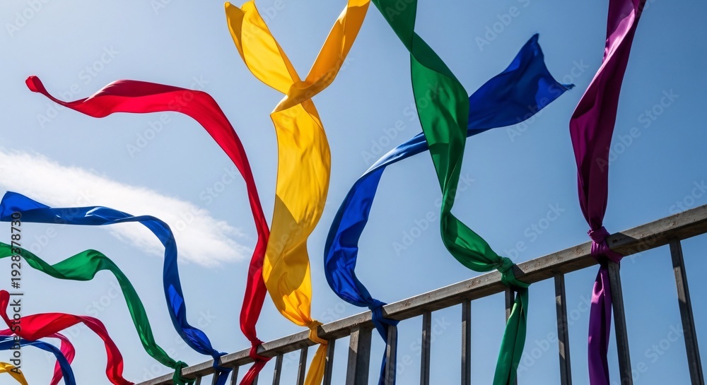 Naklejka premium Colorful vibrant fabric streamers tied to metal railing against bright blue sky, festive celebration decoration with ribbons flowing in wind