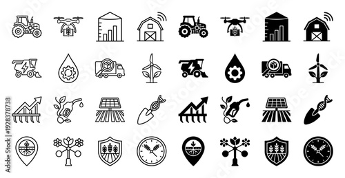 Smart agriculture and agritech hybrid icon set featuring integrated farm machinery with digital data symbols and sustainable energy concepts in line and solid style