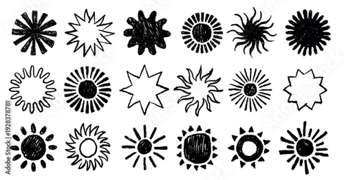 Set of sun with painted with pastel crayons or wax pencil. Doodle children drawings burst. graphic elements