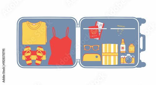 Suitcase packed with travel essentials clothing passport and accessories