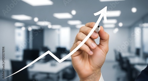 Hand drawing an upward trending arrow graph in a modern office setting