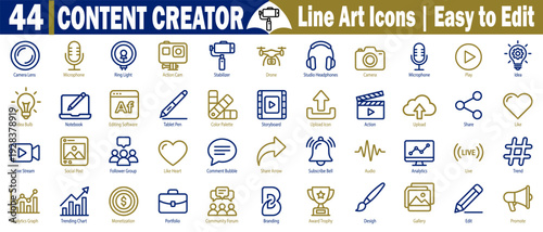 Content creator line art icons set. Including social media marketing tools, photography equipment, and digital production symbols for influencers and bloggers, vector illustration.