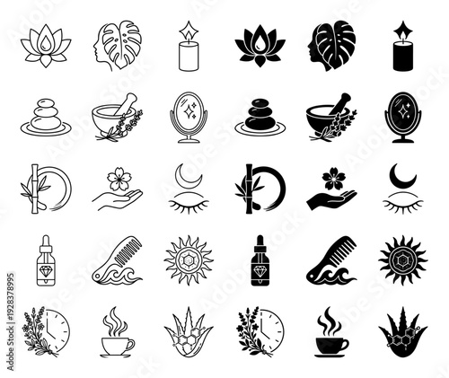 Wellness and holistic beauty icon set featuring hybrid symbols like monstera leaf face profile and lavender clock in outline and solid styles