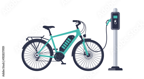 Electric bicycle with charging station isolated on white background