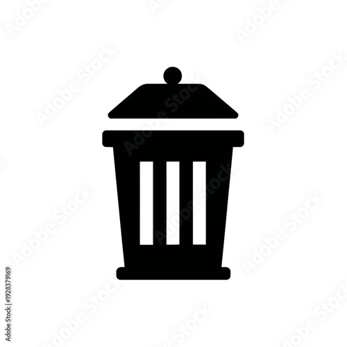 A black garbage container icon against a white background. It depicts a trash bin with a lid