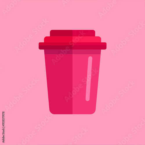 Vector illustration of a simple, pink to-go cup with a lid on a pink background. Clean and minimalistic