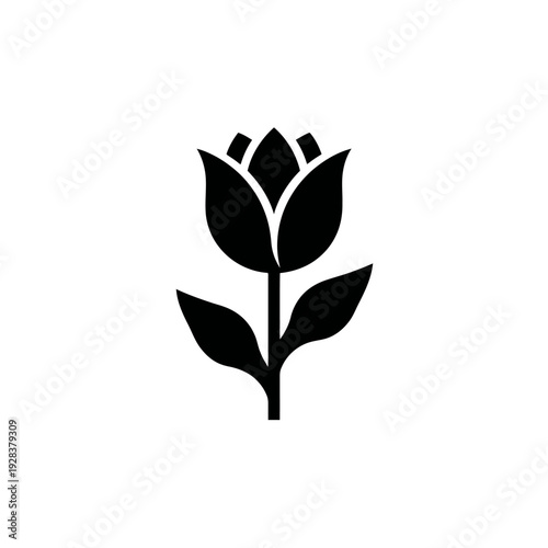 A simple black and white illustration featuring a stylized tulip flower. Its stem has leaves