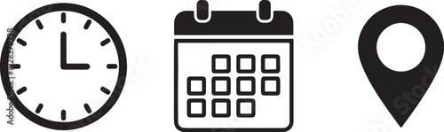 Black of a clock calendar and location pin on white background also transparent background time date 1