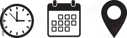 Black of a clock calendar and location pin on white background also transparent background time date