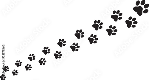 Black paw prints trail diagonally across a white background also transparent background animal tracks