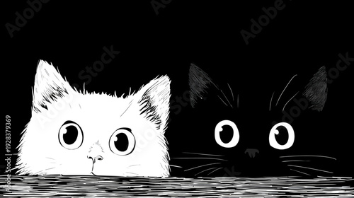 A monochrome illustration showing two cat faces, one white and one black, peering over a surface