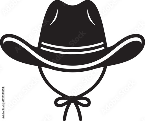 Black silhouette of a cowboy hat with a chin strap and bow also transparent background black and white