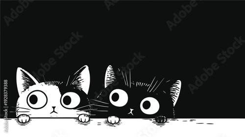 Black and white illustration of two cartoon cats peeking over a white surface. They have big eyes