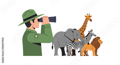 Wildlife observer observing animals in safari environment with binoculars