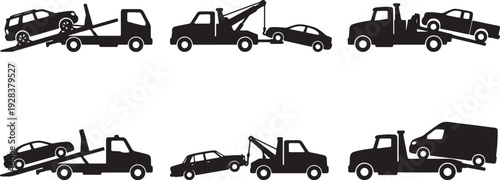 Collection of black silhouette tow trucks and vehicles being towed on white background also transparent background